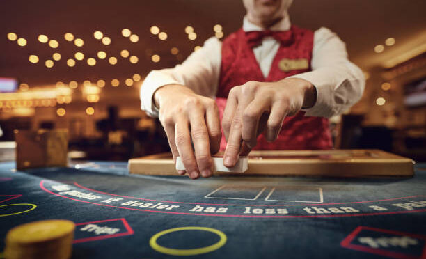 The croupier holds poker cards in his hands at a table in a casino.